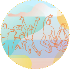 Illustrated outline figures of young people jumping and interacting, representing youth participation and collaboration in EU4Youth Policy Labs.