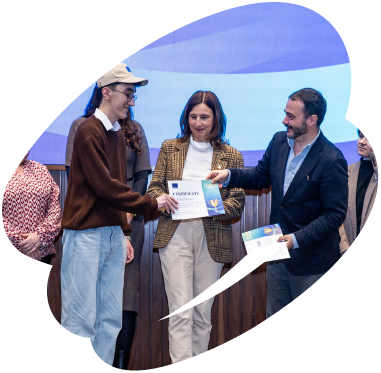 Young participant receiving a certificate during an EU4Youth award or recognition event, highlighting youth achievement and engagement.